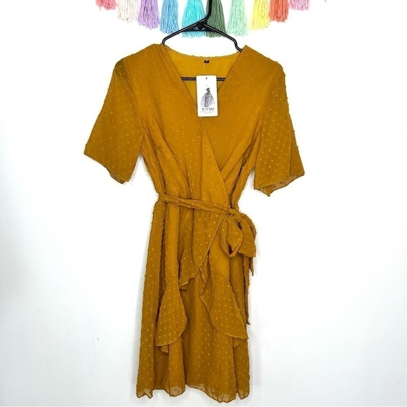 Yellow Polka Dot Swiss Dot Ruffle-Trim Tiered Pleated Wrap Dress Size Small - Picture 4 of 15